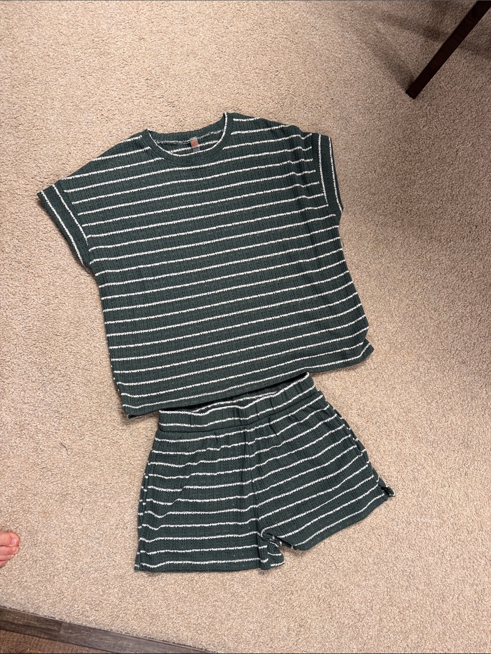 Women’s Mono B Eldergreen Striped Crochet Short Sleeve Top & Shorts Set
